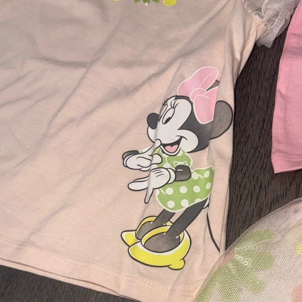 Three-piece Disney Minnie Mouse sequence floral skirt/skort and t-shirt Set